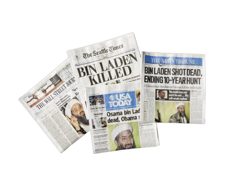 Image of newspaper headlines announce Osama Bin Laden's death.